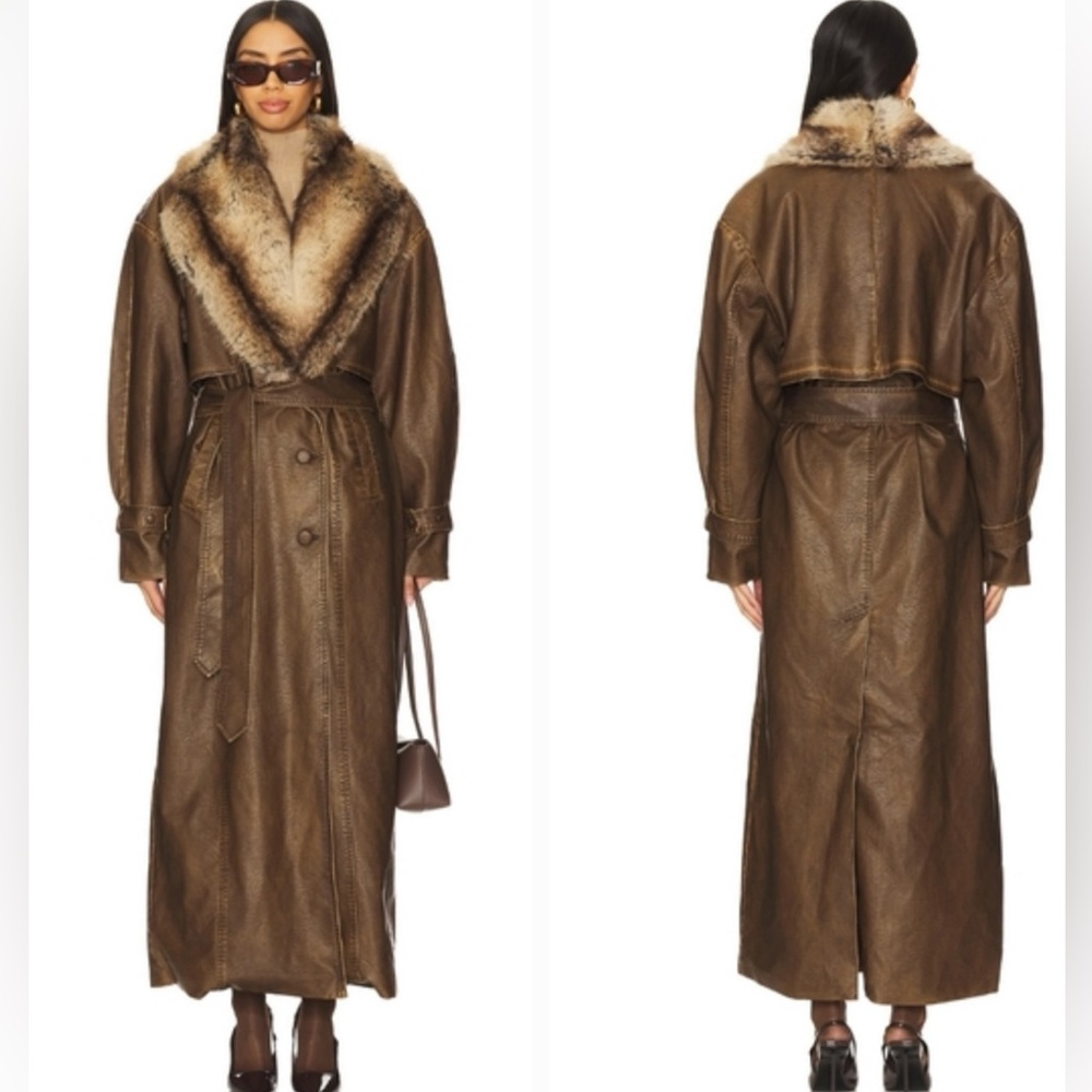 AFRM Brown Faux Leather Trench Coat with Fur Collar